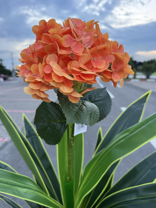 Hortensie artificiala cu tija si frunze, 140 cm, portocalie, Ruyidecor