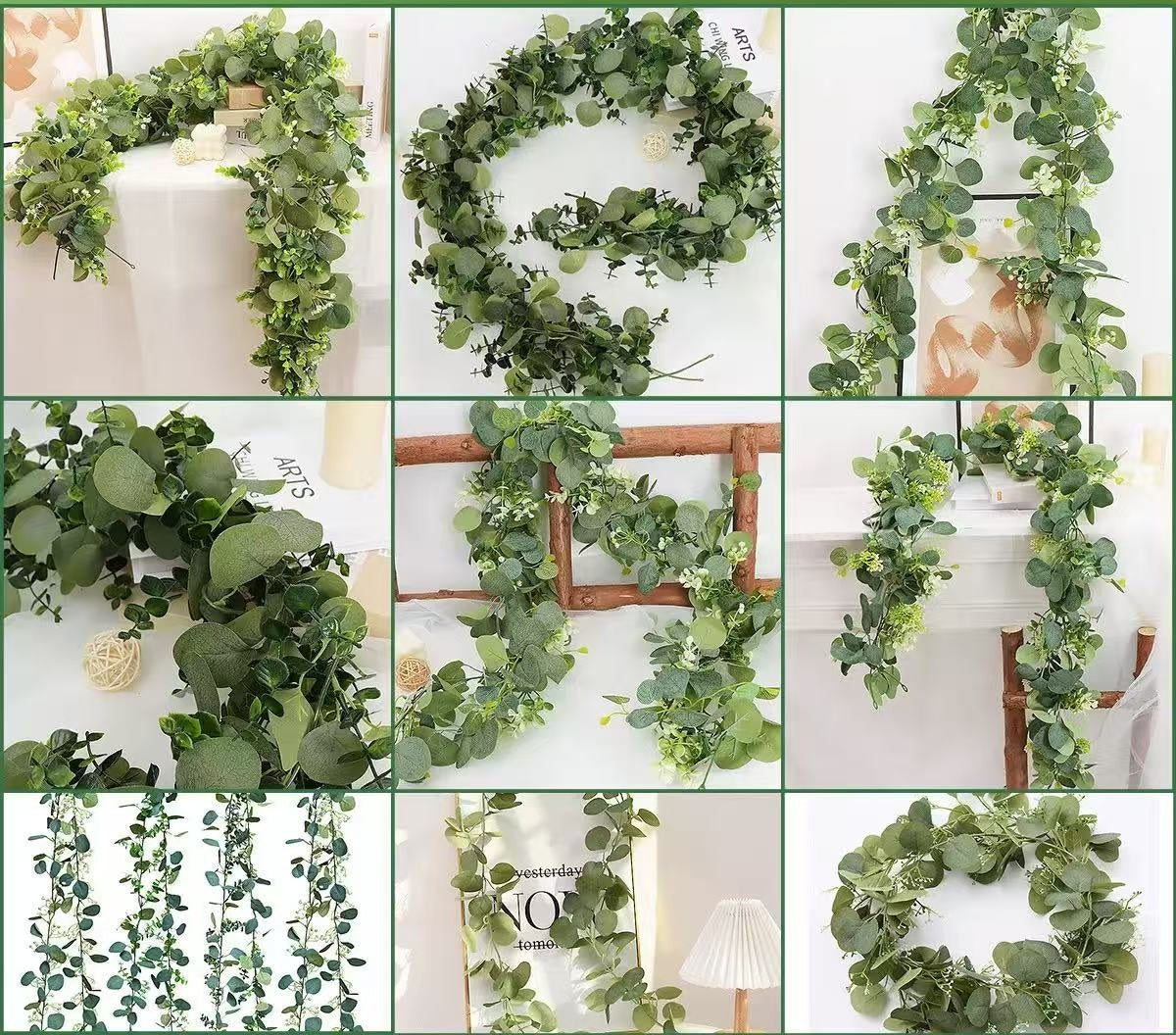 Ghirlandă Artificială Florală – Frunze Mixte și Flori Albe, 2 m