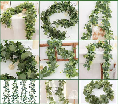 Ghirlandă Artificială Florală – Frunze Mixte și Flori Albe, 2 m