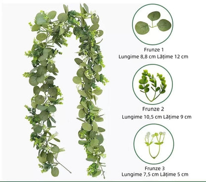 Ghirlandă Artificială Florală – Frunze Mixte și Flori Albe, 2 m