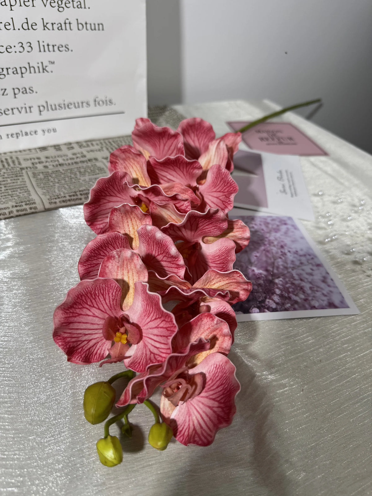 Orhidee artificiala cu tija, 9 flori, 90 cm, rosu bordo, Ruyidecor