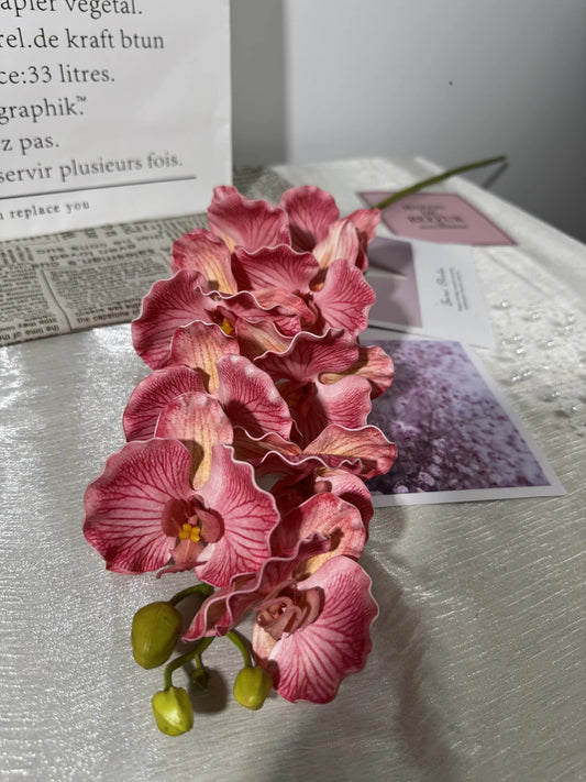 Orhidee decorativa artificiala cu tija, 9 flori, 90 cm, bordo, Ruyidecor
