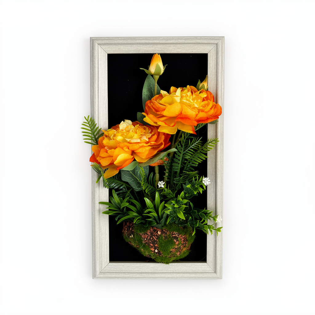 Tablou decorativ cu aranjament floral artificial roz, rama maro, 25 x 45 cm - 2