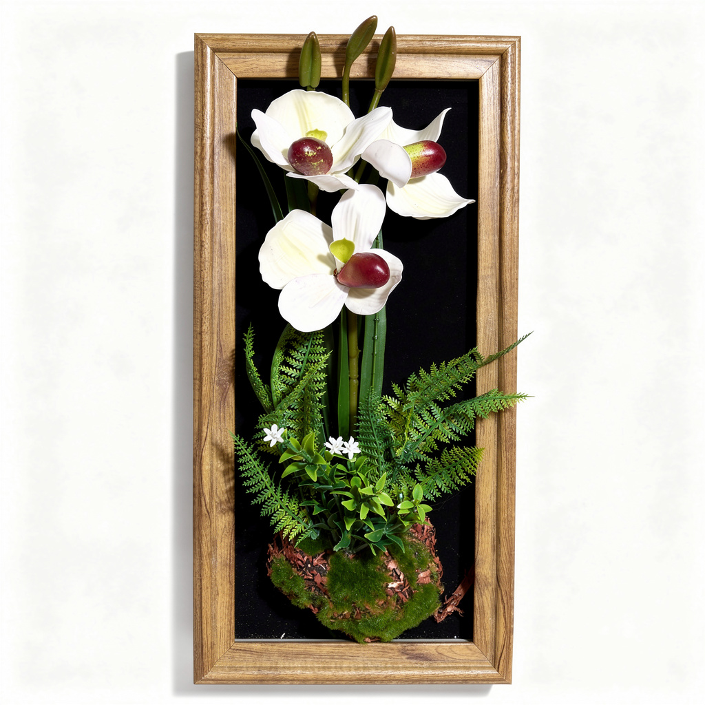 Tablou decorativ cu aranjament floral artificial tip orhidee, rama lemnoasa, 25 x 45 cm - 2