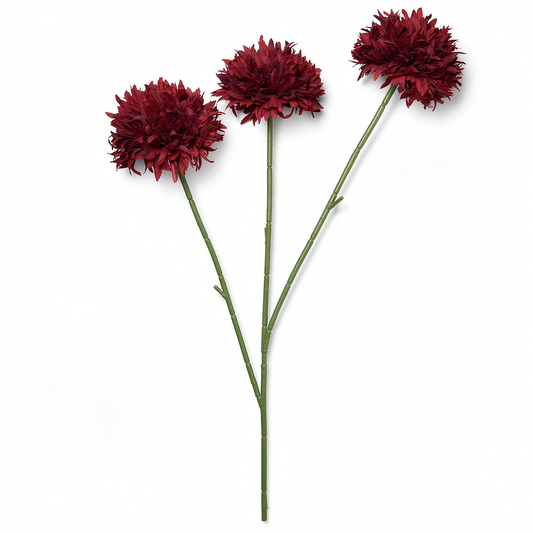 Floare artificiala tip pompon cu tija, 3 capete, 75 cm, bordo, Ruyidecor