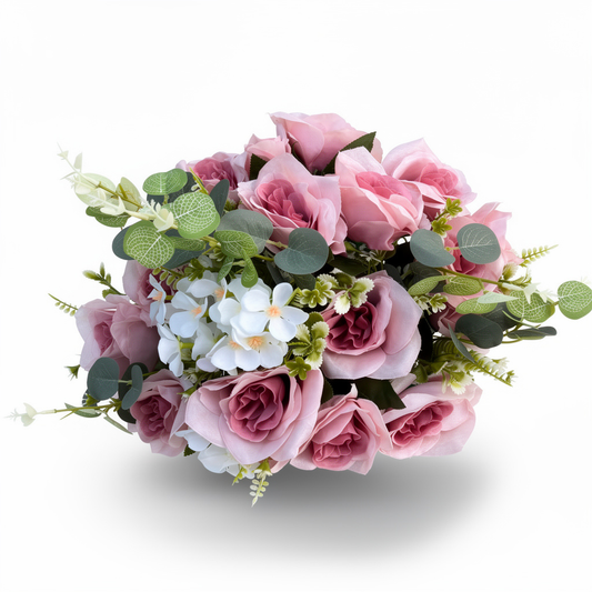 Buchet artificial cu trandafiri roz și frunze decorative, 28 capete, 40 cm, Ruyidecor - 1
