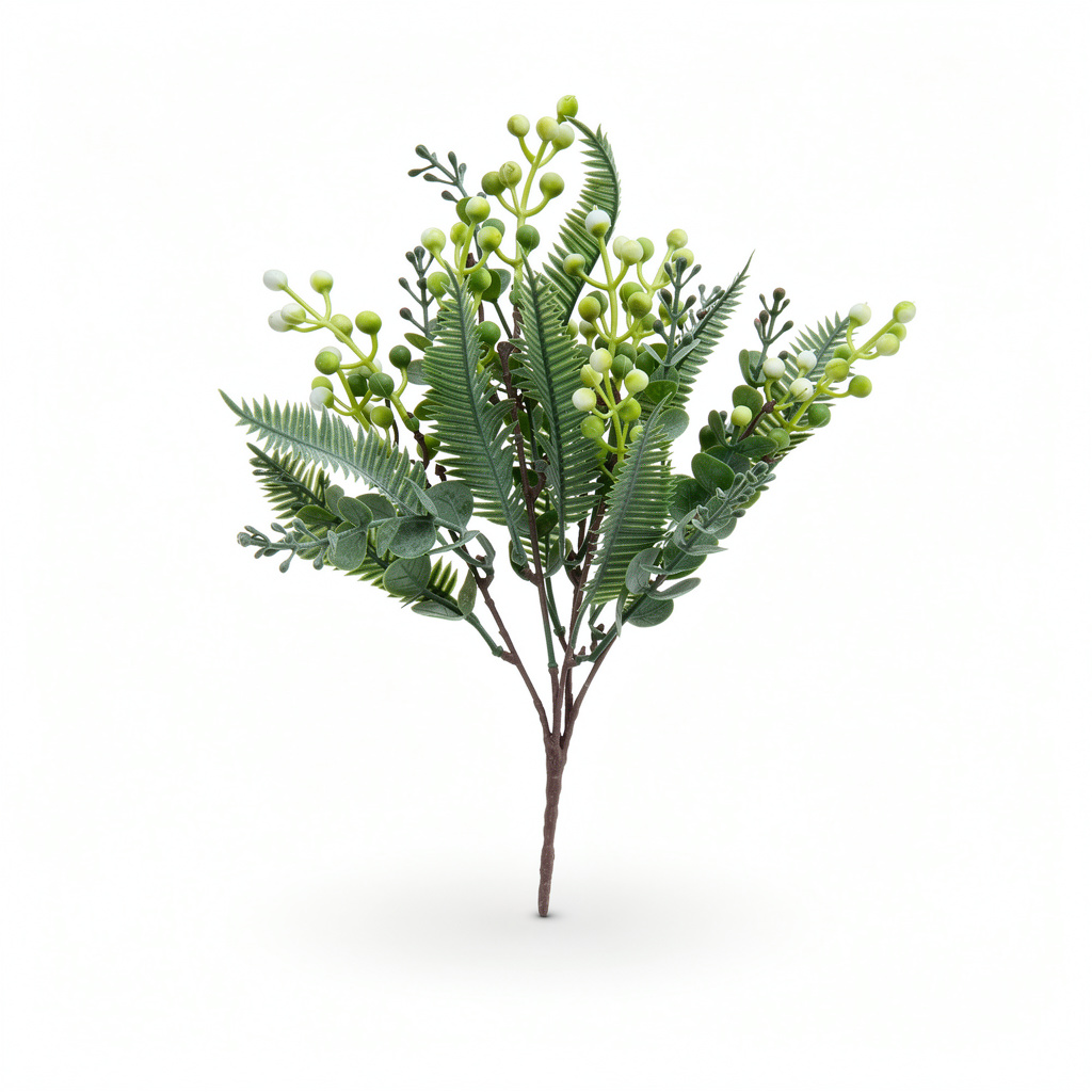Buchet artificial cu bobite albe si frunze tip feriga, 35 cm, Ruyidecor