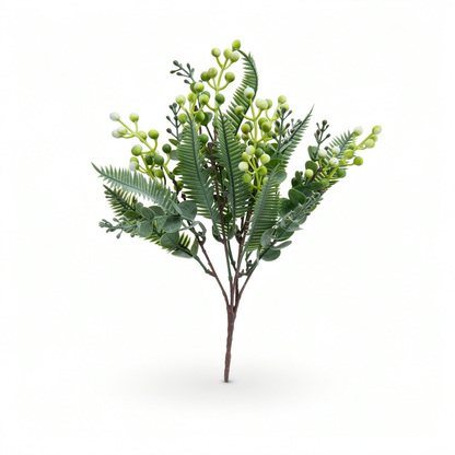 Buchet artificial cu bobite albe si frunze tip feriga, 35 cm, Ruyidecor
