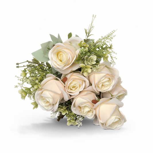 Buchet trandafiri artificiali cu verdeata, 48 cm, crem, Ruyidecor