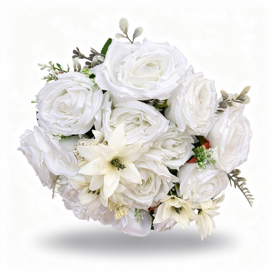 Buchet artificial cu flori albe și frunze decorative, 18 capete, 40 cm, Ruyidecor - 4