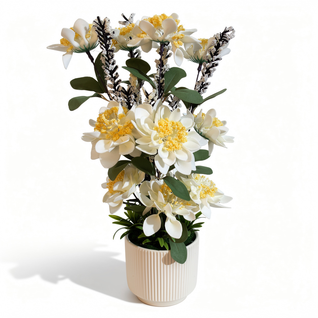 Aranjament floral artificial cu flori albe si galbene, vaza alba inclusa, 50 cm, decor interior - 3