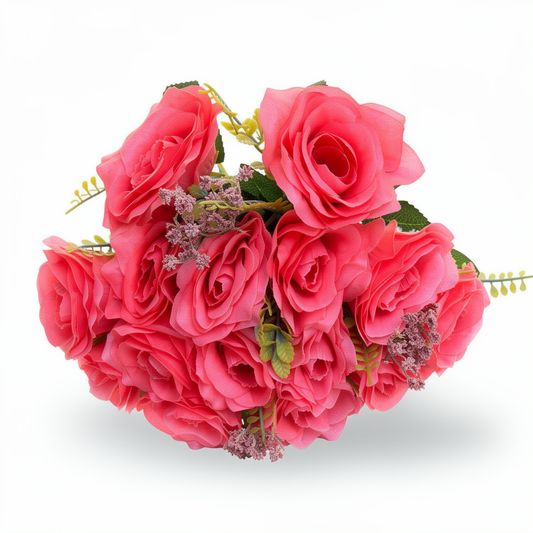 Buchet artificial cu trandafiri roz și frunze decorative, 18 capete, 40 cm, Ruyidecor - 3