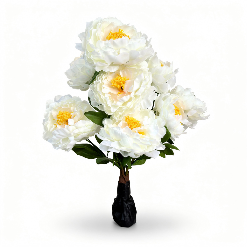 Planta bujor artificiala cu 7 flori, 85 cm, Ruyidecor - Alb