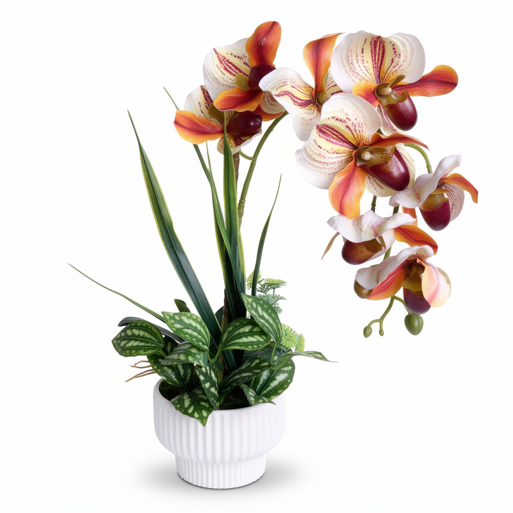Aranjament floral artificial tip orhidee, cu ghiveci alb, 20 x 50 cm - 3