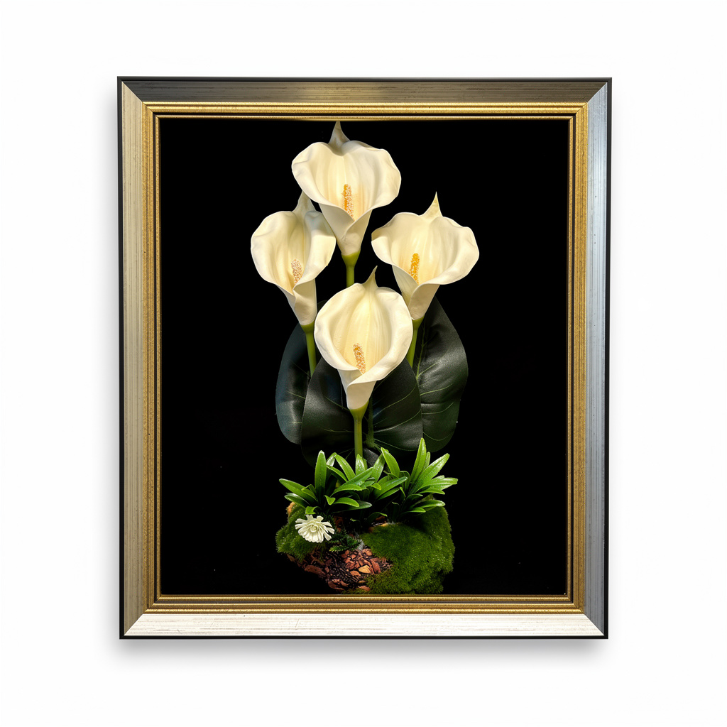 Tablou decorativ cu aranjament floral artificial alb, rama argintie, 25 x 45 cm - 2