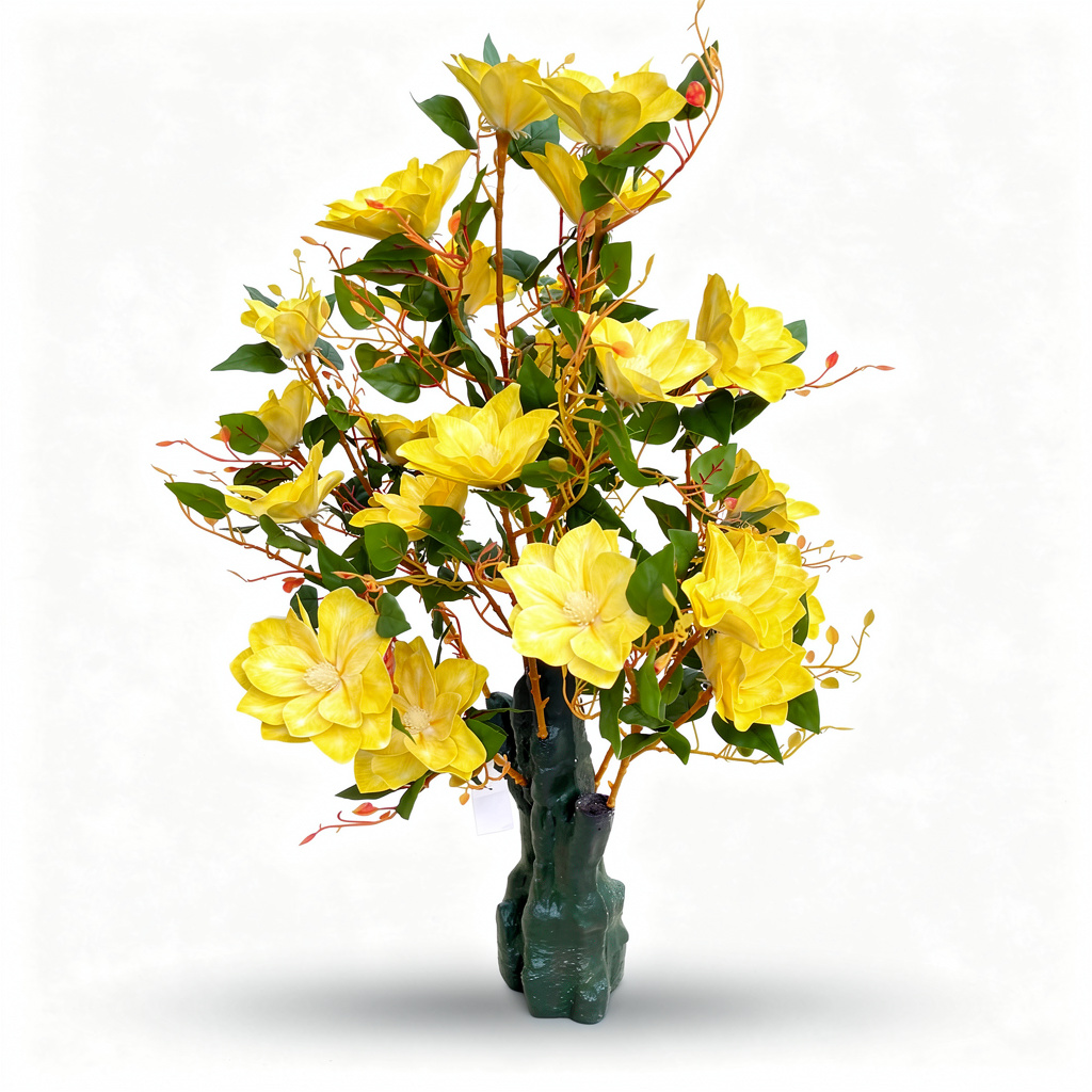 Copac artificial decorativ cu flori de magnolie, 108 flori, 120 cm, galben, Ruyidecor