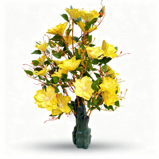 Copac artificial decorativ cu flori de magnolie, 108 flori, 120 cm, galben, Ruyidecor