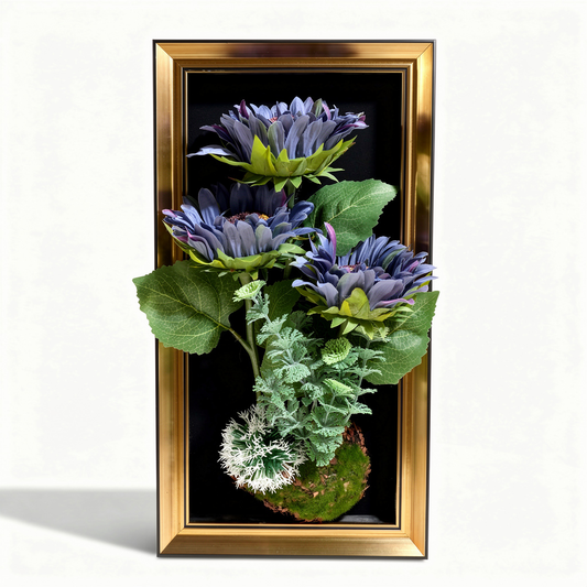 Tablou decorativ cu aranjament floral artificial galben, rama argintie, 25 x 45 cm - 1