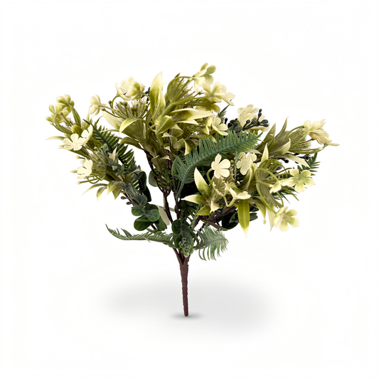 Buchet artificial cu flori crem si frunze tip feriga, 35 cm, Ruyidecor