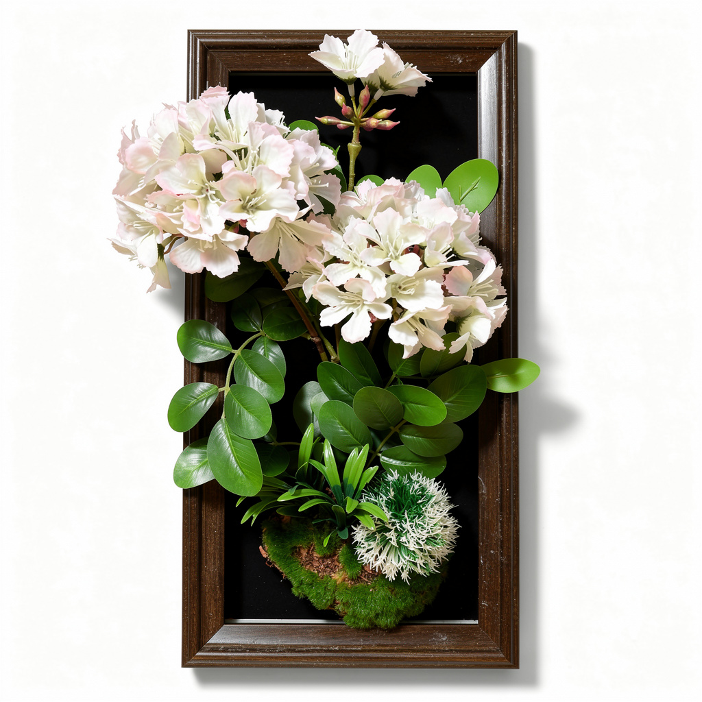 Tablou decorativ cu aranjament floral artificial mov, rama maro, 25 x 45 cm - 1