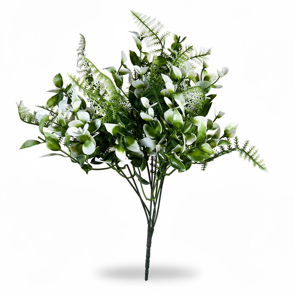 Buchet artificial cu verdeata mixta, 35 cm, 3 culori, Ruyidecor - Alb-verde