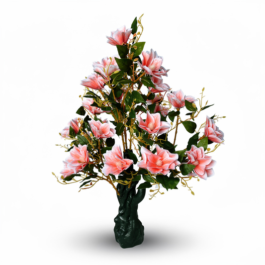 Copac artificial decorativ cu flori de magnolie, 108 flori, 120 cm, roz-alb, Ruyidecor