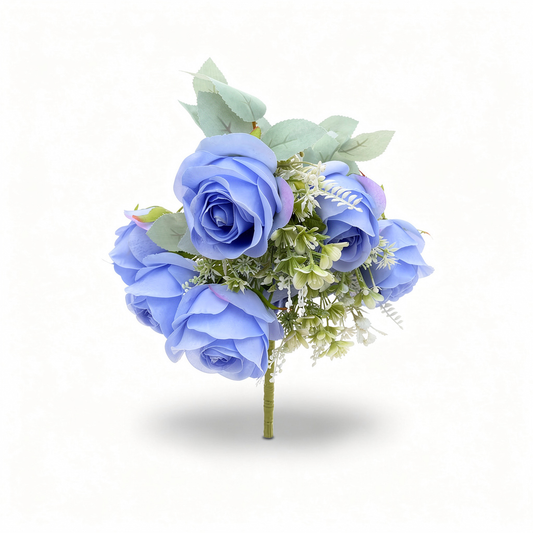 Buchet trandafiri artificiali cu verdeata, 48 cm, albastru, Ruyidecor