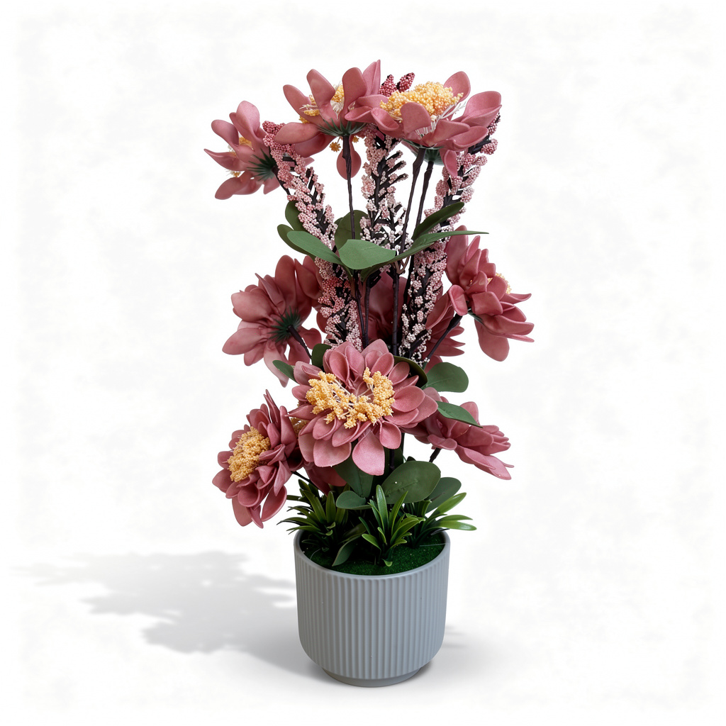 Aranjament floral artificial cu flori albe si galbene, vaza alba inclusa, 50 cm, decor interior - 1