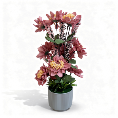 Aranjament floral artificial cu flori albe si galbene, vaza alba inclusa, 50 cm, decor interior - 1