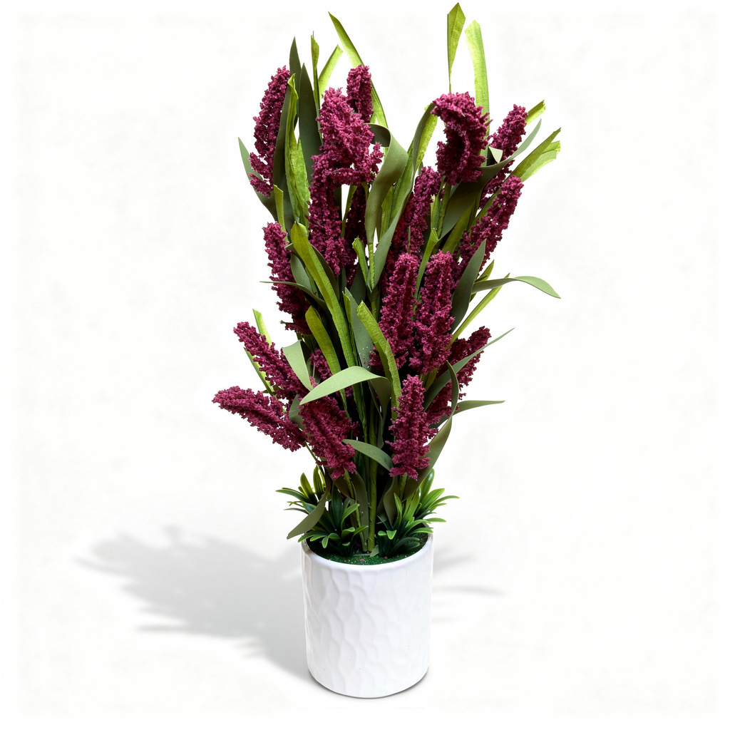 Planta decorativa artificiala in ghiveci alb, cu flori mov, 55 cm