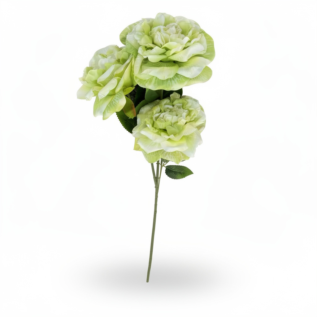 Bujor artificial cu tija, 3 flori, 75 cm, verde deschis, Ruyidecor