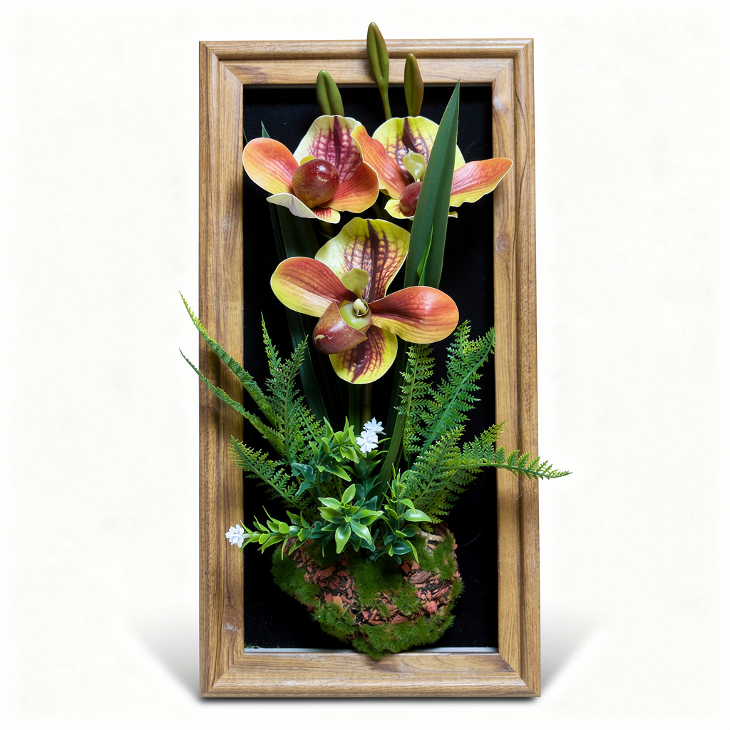 Tablou decorativ cu aranjament floral artificial tip orhidee, rama lemnoasa, 25 x 45 cm - 4