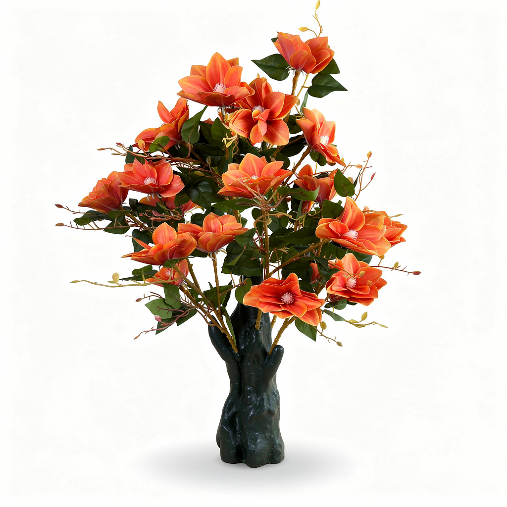 Copac artificial decorativ cu flori de magnolie, 108 flori, 120 cm, portocaliu, Ruyidecor