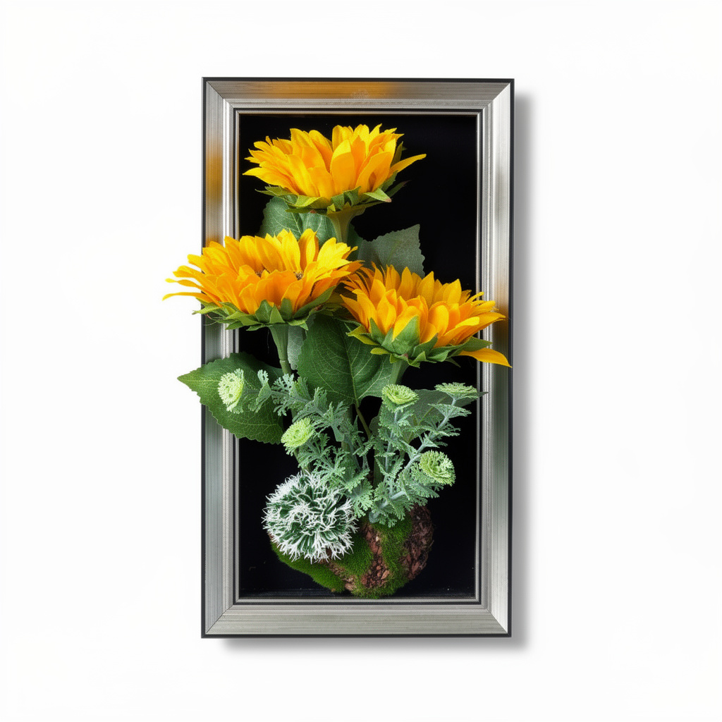 Tablou decorativ cu aranjament floral artificial galben, rama argintie, 25 x 45 cm - 2