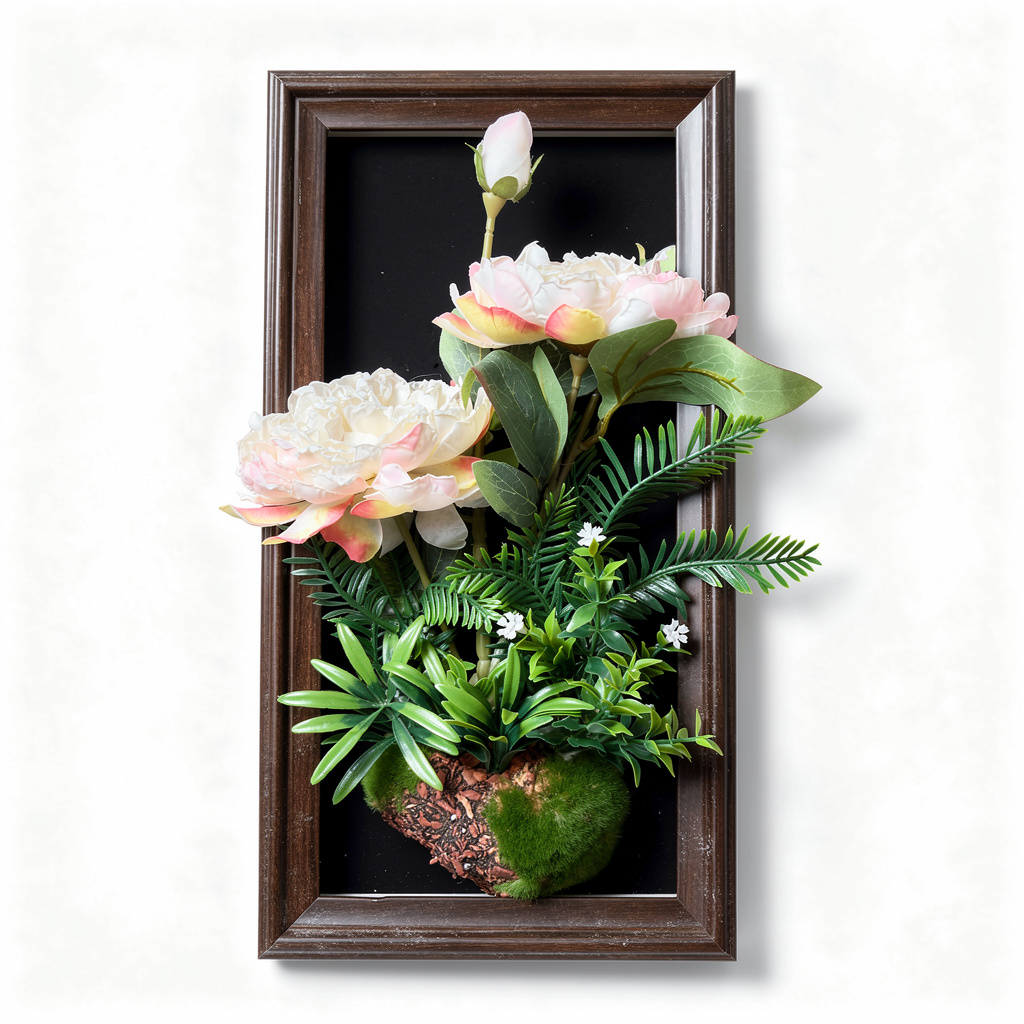 Tablou decorativ cu aranjament floral artificial roz, rama maro, 25 x 45 cm - 1