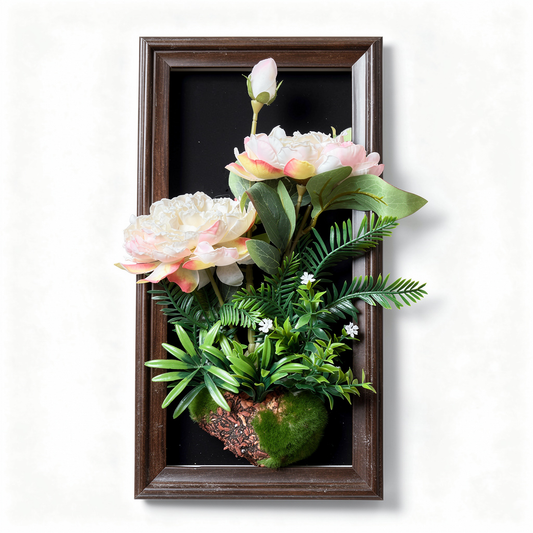 Tablou decorativ cu aranjament floral artificial roz, rama maro, 25 x 45 cm - 1