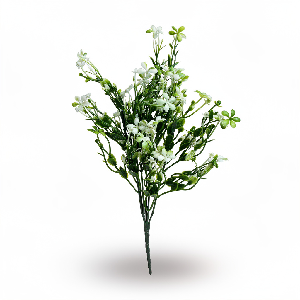Buchet artificial decorativ cu flori mici, 35 cm, 3 culori, Ruyidecor - Alb