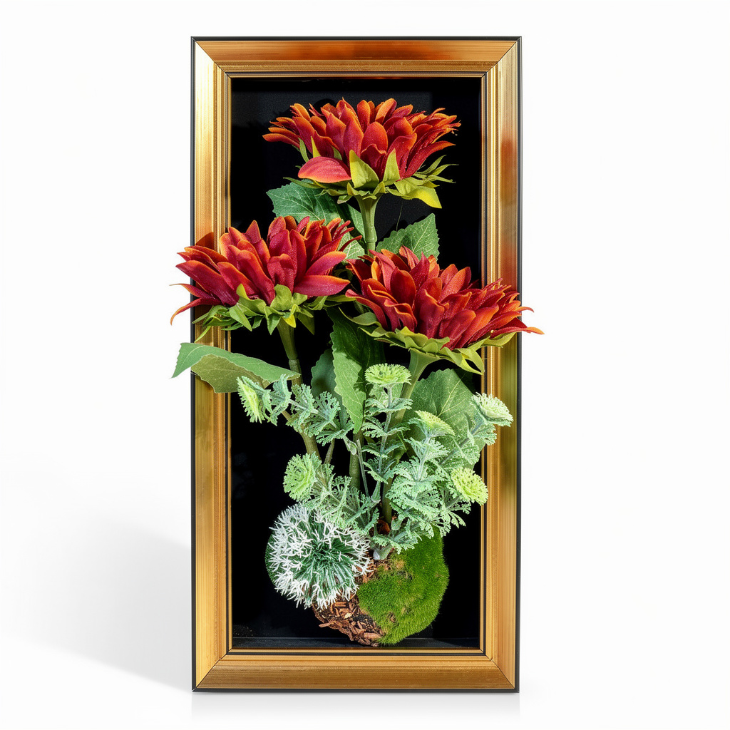 Tablou decorativ cu aranjament floral artificial galben, rama argintie, 25 x 45 cm - 3