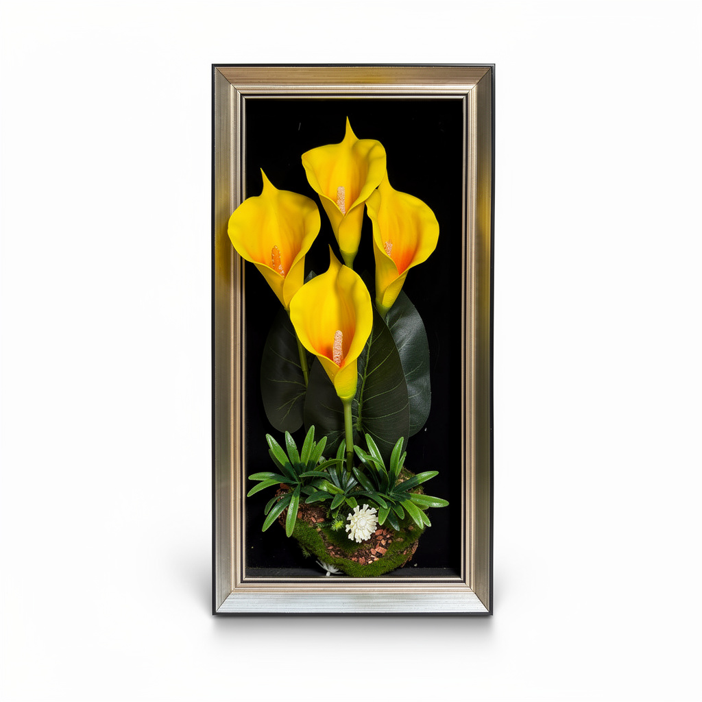 Tablou decorativ cu aranjament floral artificial alb, rama argintie, 25 x 45 cm - 1
