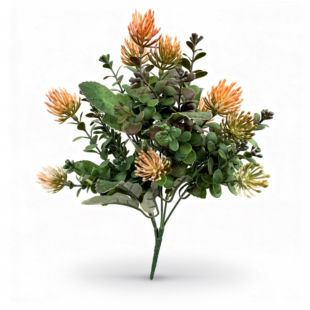 Buchet artificial cu flori tip protea, 45 cm, 3 culori, Ruyidecor - Portocaliu