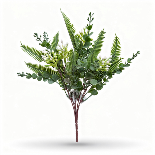 Buchet artificial cu frunze tip feriga si boboci albi, 35 cm, Ruyidecor
