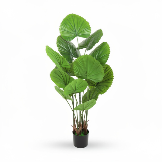 Planta artificiala decorativa cu frunze tip evantai, ghiveci negru, 130 cm