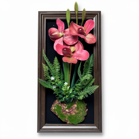Tablou decorativ cu aranjament floral artificial tip orhidee, rama lemnoasa, 25 x 45 cm - 1