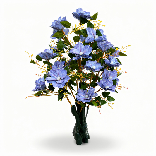 Copac artificial decorativ cu flori de magnolie, 108 flori, 120 cm, albastru, Ruyidecor