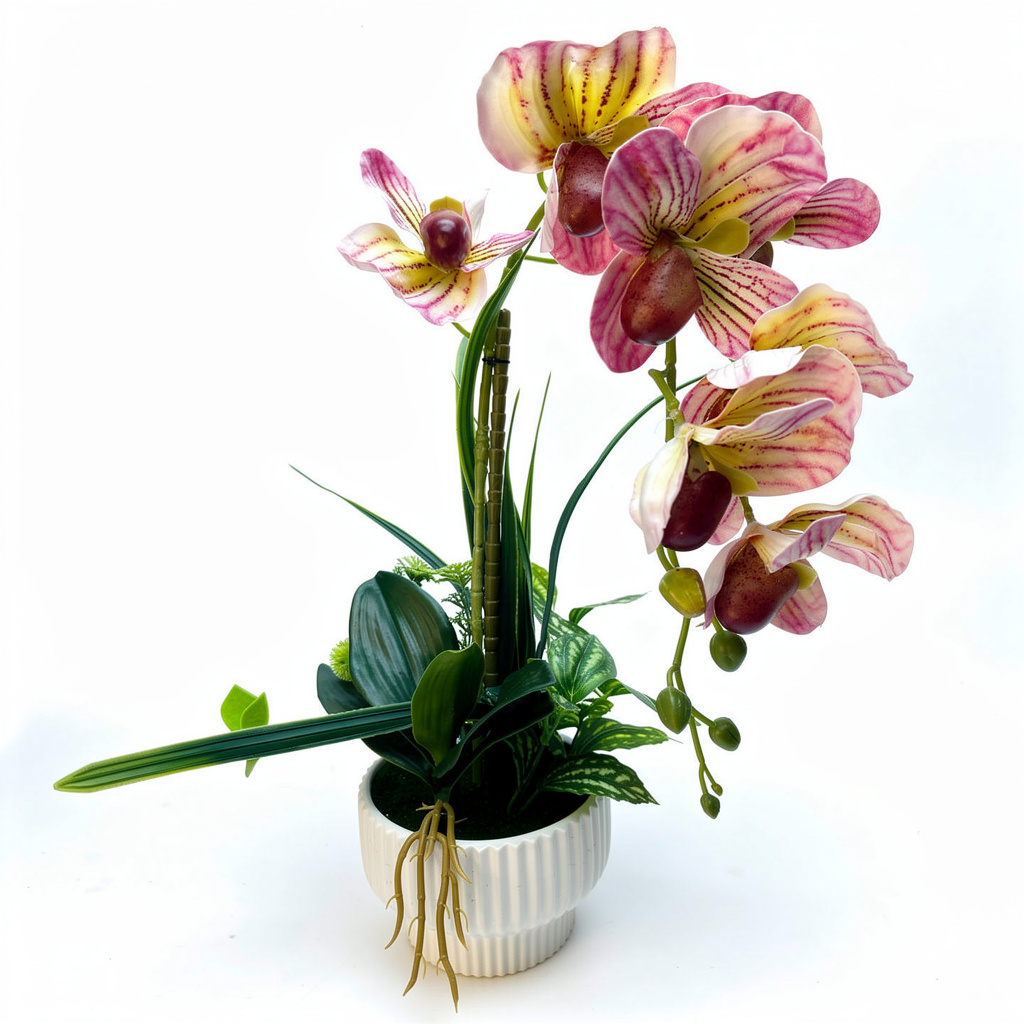 Aranjament floral artificial tip orhidee, cu ghiveci alb, 20 x 50 cm - 4