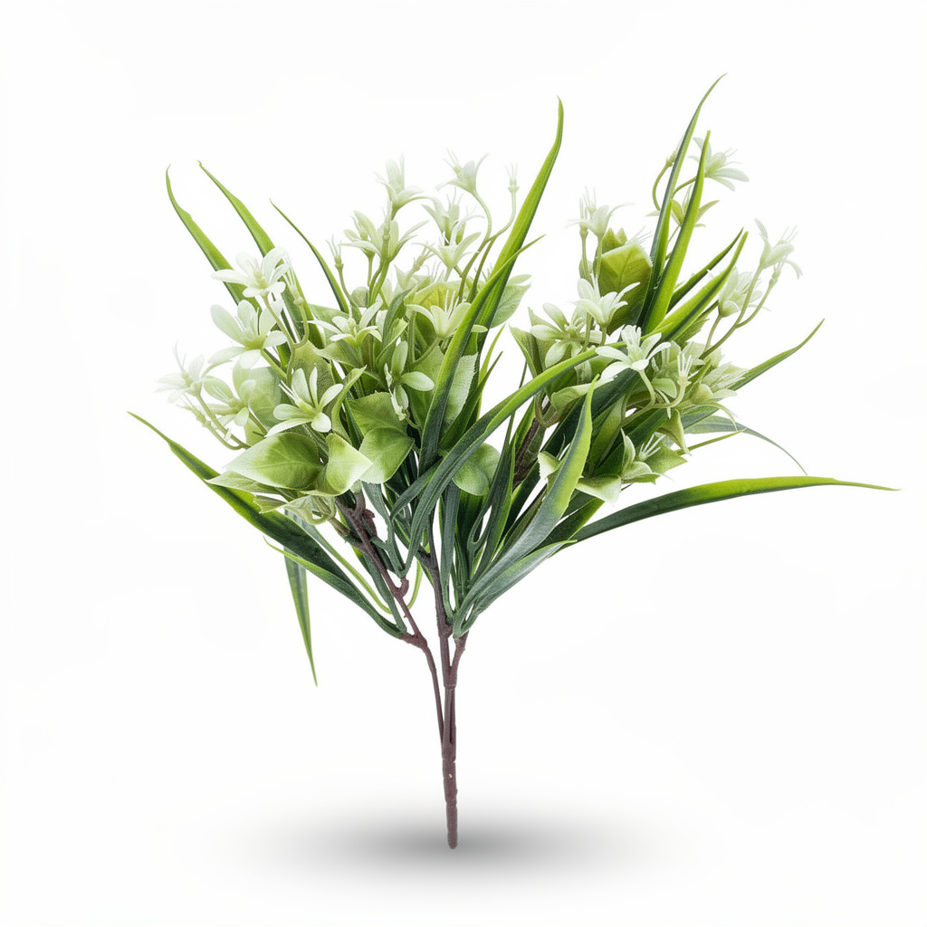 Buchet artificial cu flori stelute albe si frunze subtiri, 35 cm, Ruyidecor
