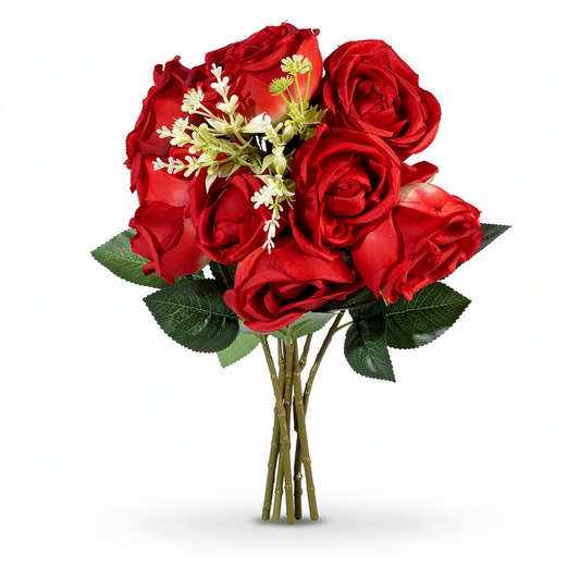 Buchet de trandafiri artificiali cu tija, 12 flori, 40 cm, rosu, Ruyidecor