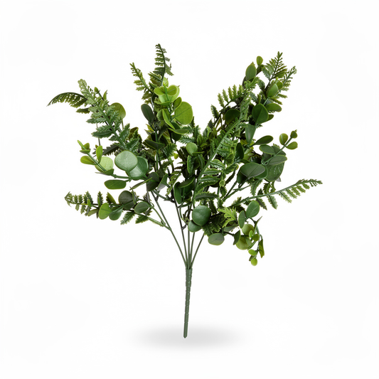Buchet artificial mixt cu feriga si eucalipt, 35 cm, 3 culori, Ruyidecor - Verde inchis