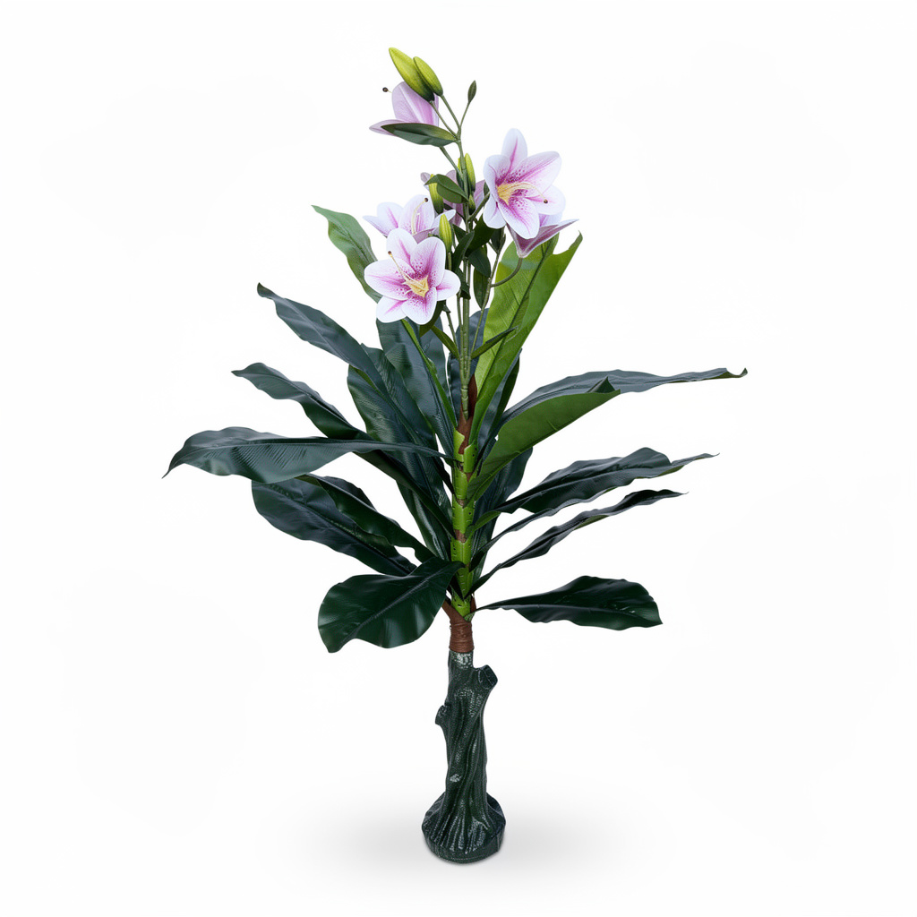 Planta artificiala decorativa cu flori de crin, 140 cm, Ruyidecor - Roz