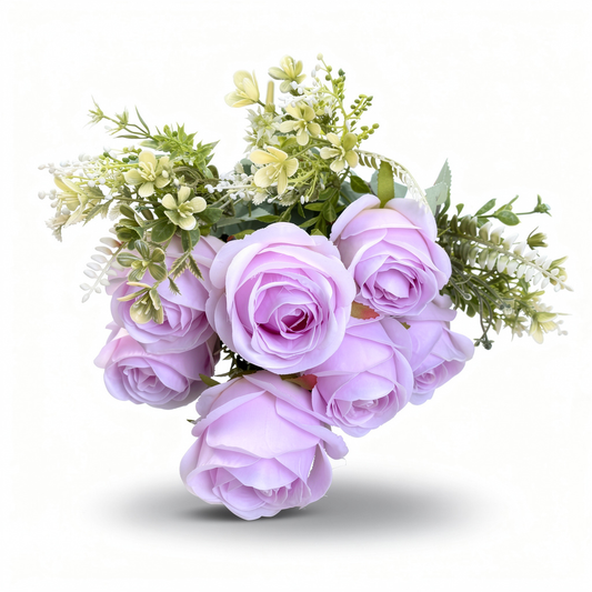 Buchet trandafiri artificiali cu verdeata, 48 cm, lila, Ruyidecor